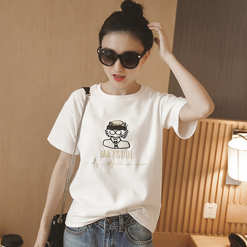 夏季时尚新款圆领韩版字母百搭绣花显瘦女短袖T恤
