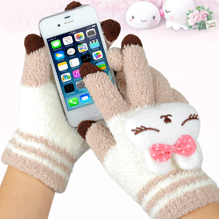 手套女士秋冬季韩版学生触屏手套可爱卡通加绒加厚保暖毛线棉手套
