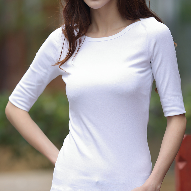 2016秋季新款韩版学生中袖t恤女修身五分袖一字领大码女装打底衫
