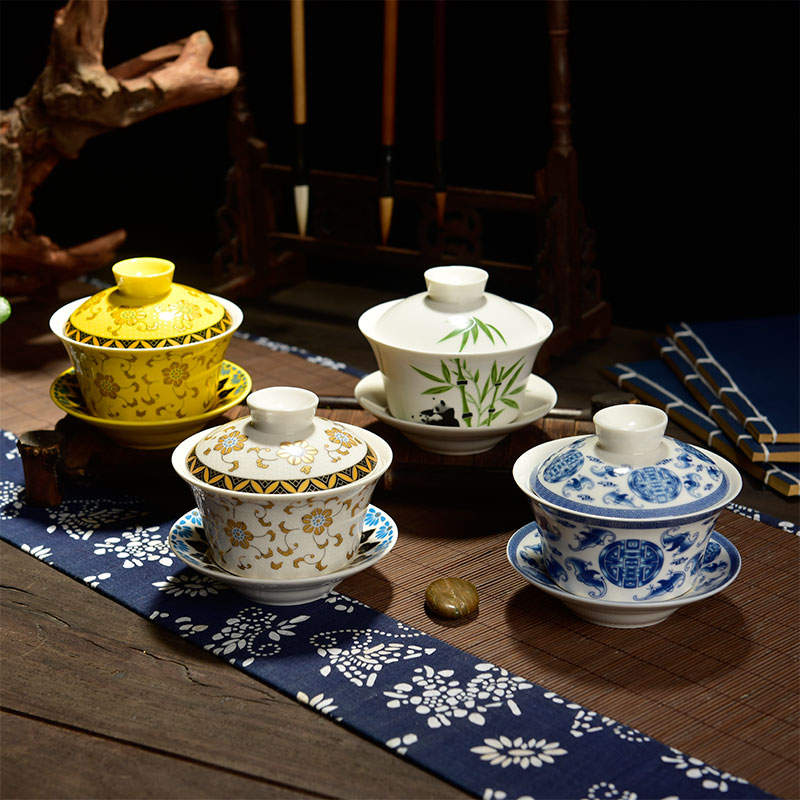 正品陶瓷复古大号盖碗敬茶碗咖啡店茶馆专用三才青花茶杯茶具包邮