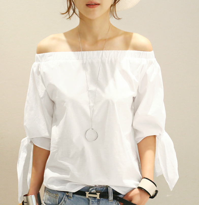 2016秋季新款韩版一字领露肩衬衫纯色时尚上衣