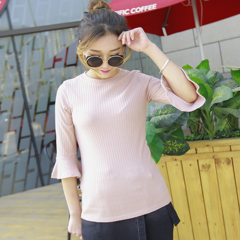 2016韩版春秋新款女装甜美圆领T恤七分喇叭袖修身显瘦针织打底衫