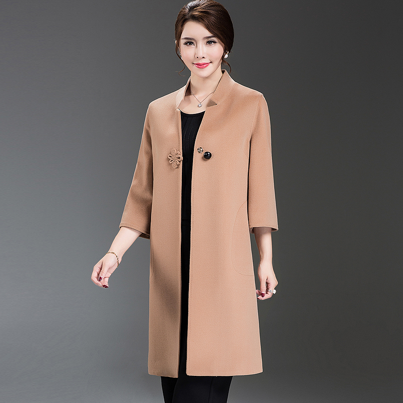 2016秋季气质羊毛大衣女长款修身显瘦七分袖毛呢外套立领呢子大衣