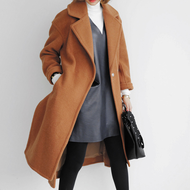 2016秋冬季韩版茧型翻领羊毛呢子外套中长款宽松加厚羊绒大衣女