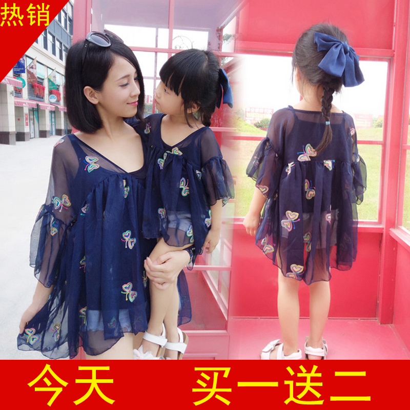 亲子装夏装2016新款韩版三口全家母子母女装t恤女童沙滩连衣裙潮