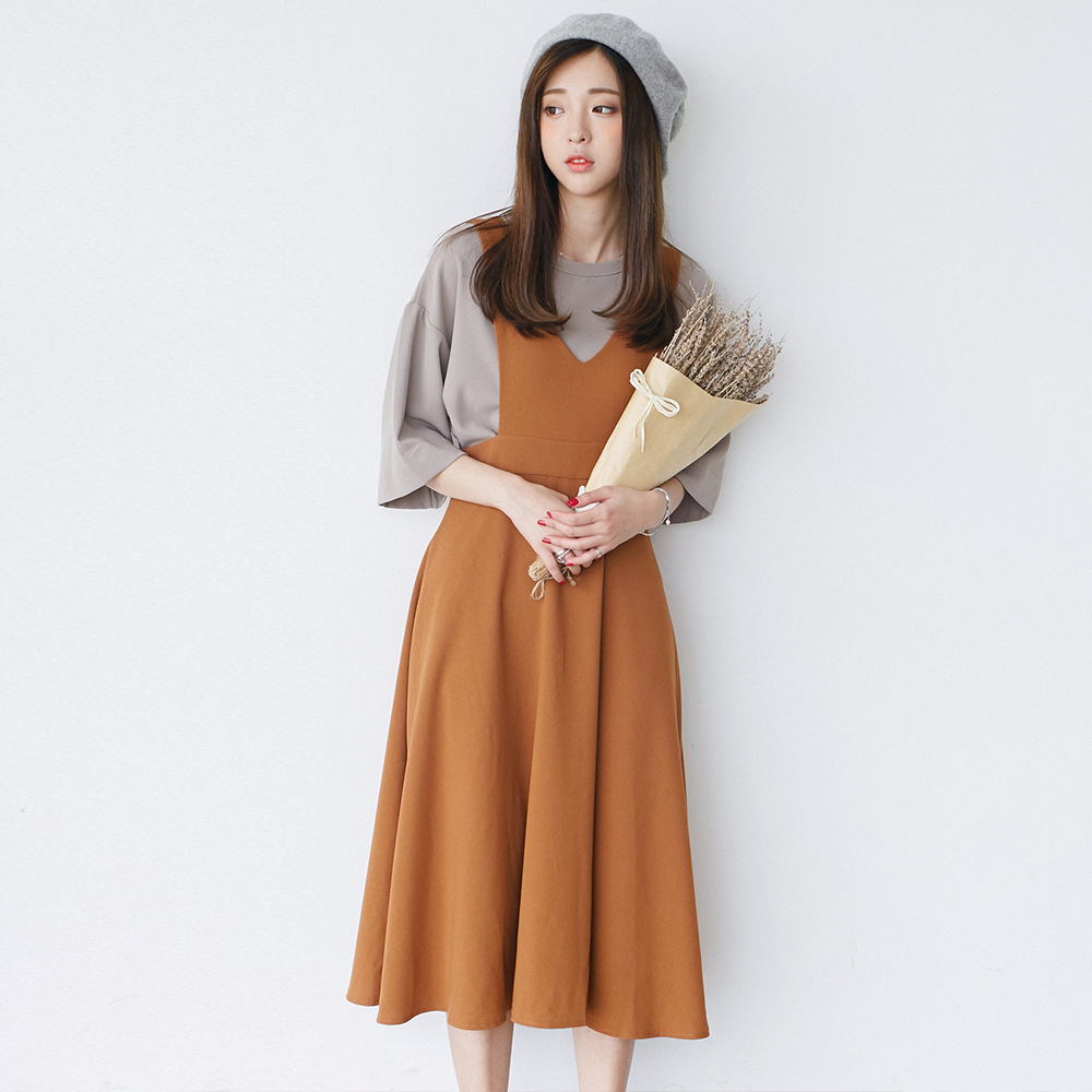 2016韩版新款纯色气质复古背带裙中长款吊带连衣裙V领大摆少女装