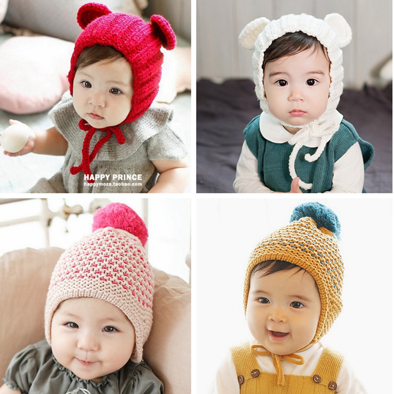 韩国宝宝帽子秋冬3-6-12个月婴儿毛线帽儿童护耳帽小孩公主帽男女