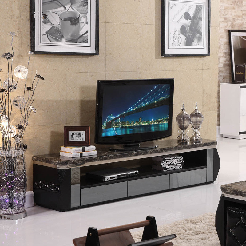 大理石电视柜现代简约不锈钢黑色木纹钢化玻璃小户型电视柜茶几