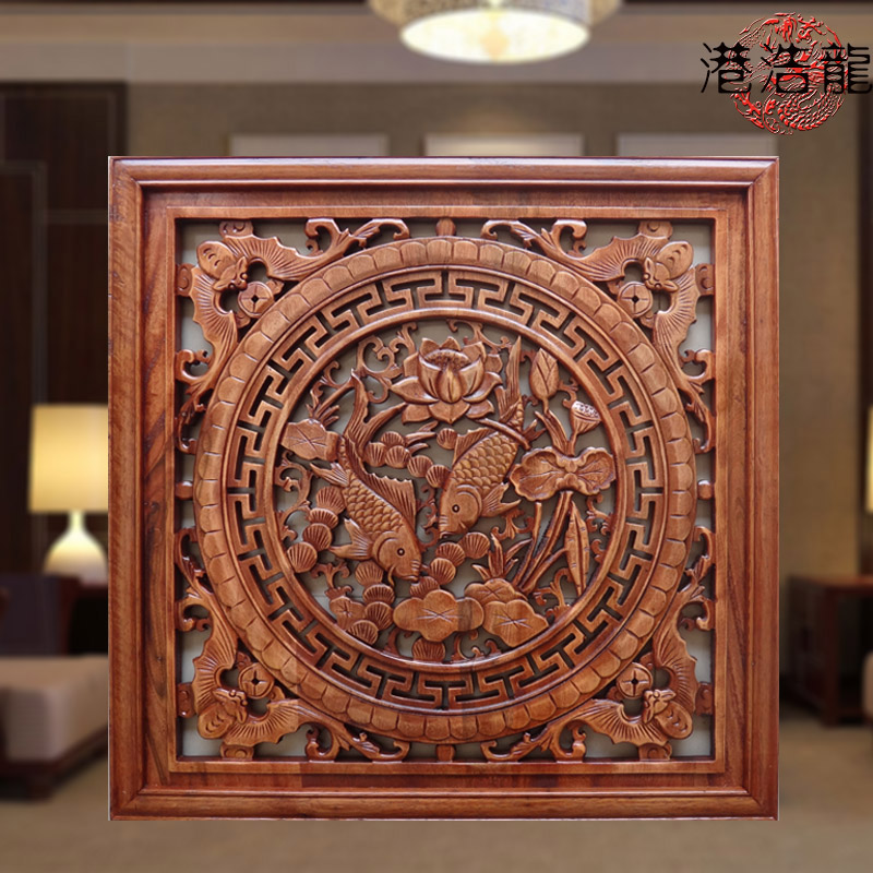 东阳木雕雕花挂件香樟木中式客厅玄关壁挂正方形仿古实木雕刻装饰