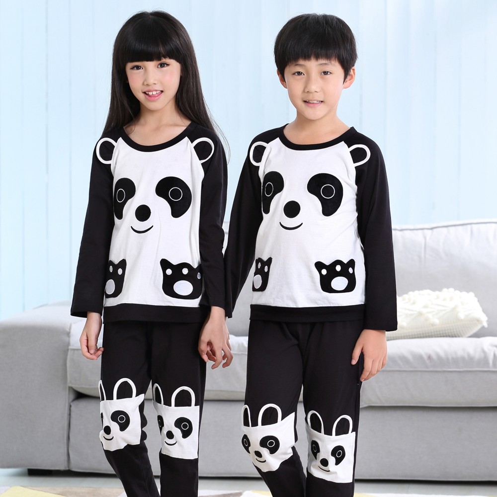 春秋季韩版儿童纯棉男童睡衣长袖女孩卡通熊猫男孩女童家居服套装