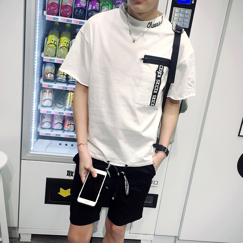 16港风春夏装半袖男士修身青少年T恤日系韩版高领个性短袖打底衫