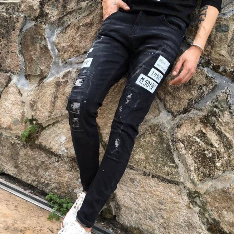 2016秋季新款男士时尚印花个性磨破潮流漆点青年修身小直筒牛仔裤
