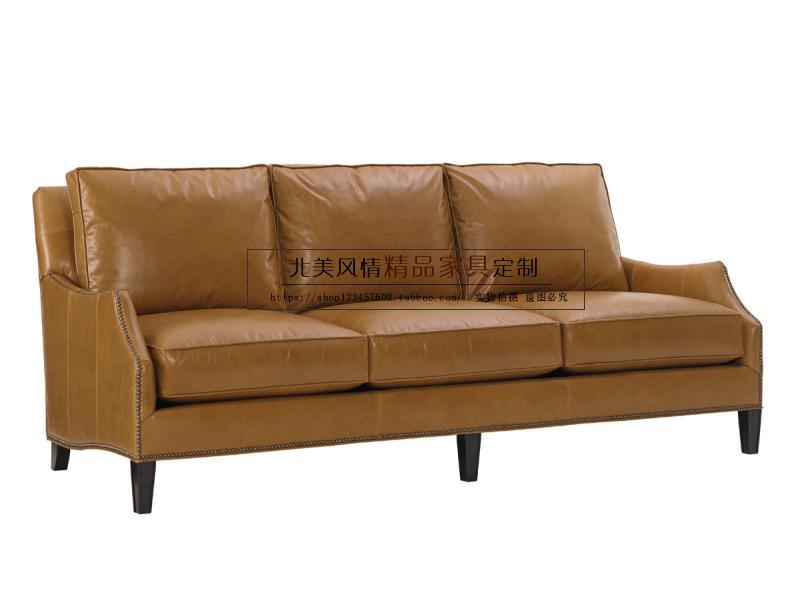 简美新款沙发组合 美式乡村实木皮艺沙发组合 头层油蜡皮欧式沙发