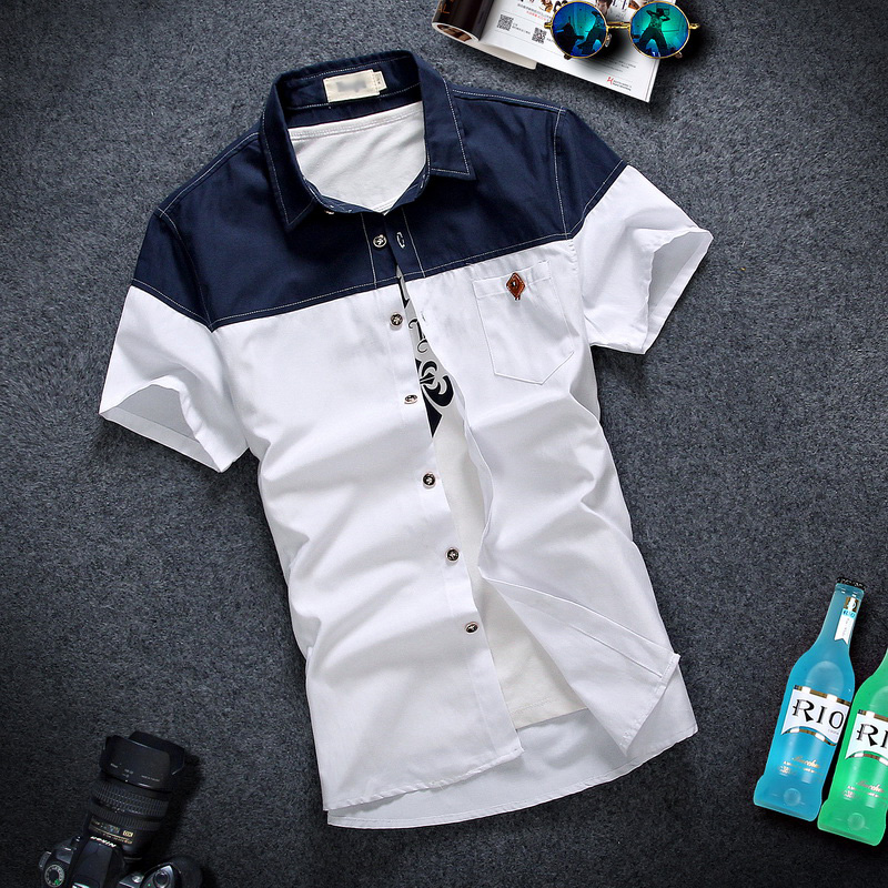 夏季新款短袖衬衫男士韩版修身青少年学生休闲上衣拼接薄装潮流寸