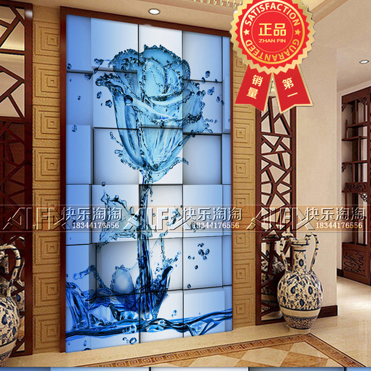 艺术玻璃玄关屏风隔断背景墙钢化玻璃彩绘雕花玻璃水百合玫瑰花