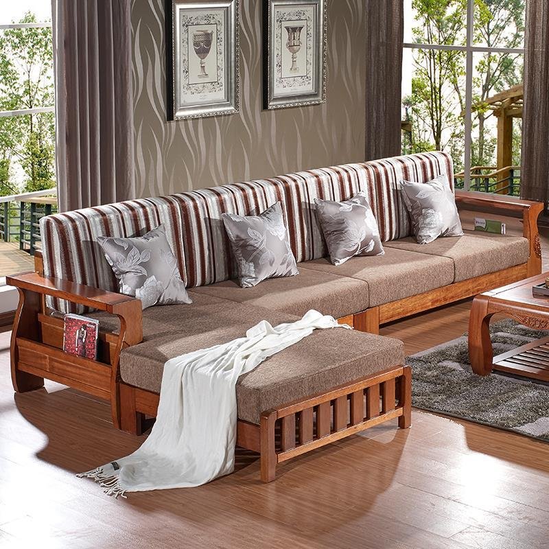 全实木中式沙发 客厅家具胡桃木布艺沙发现代时尚L型转角贵妃沙发
