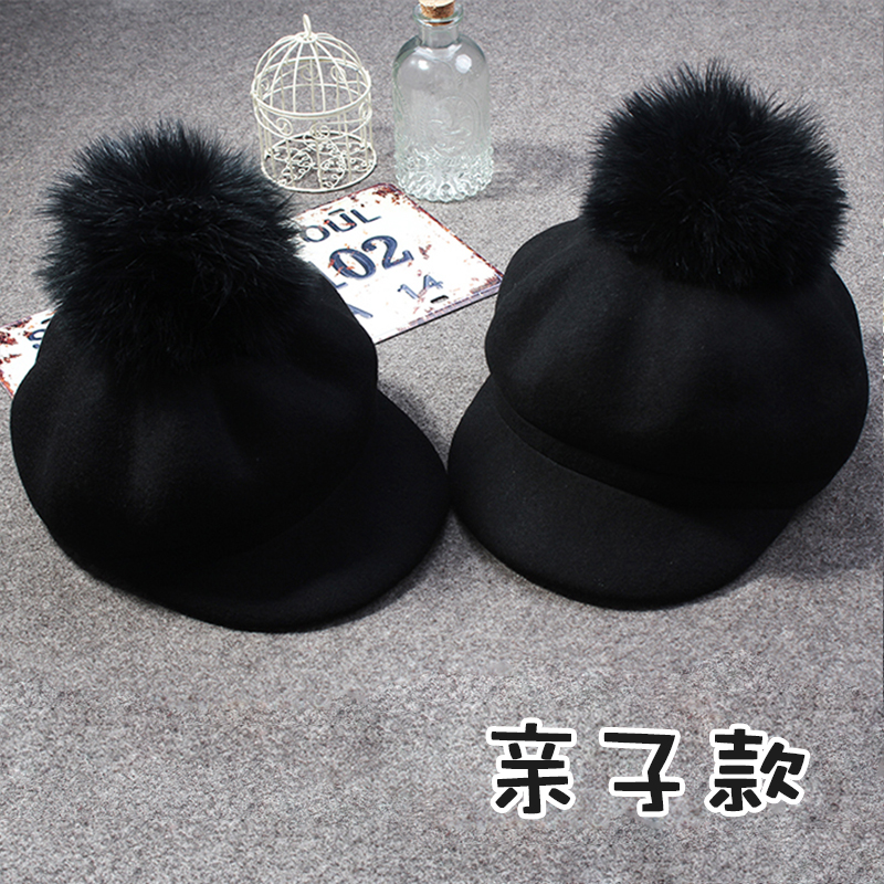 韩国代购秋冬新款时尚休闲毛球羊毛呢八角帽女英伦贝雷帽亲子帽潮