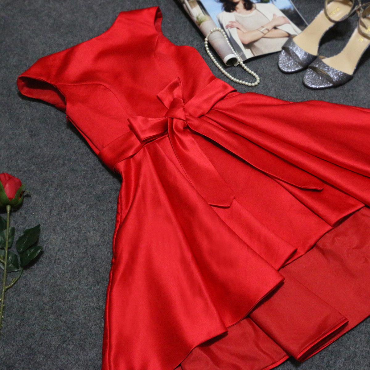 敬酒服2016新款优雅红色新娘结婚宴会晚礼服连衣裙中长款前短后长