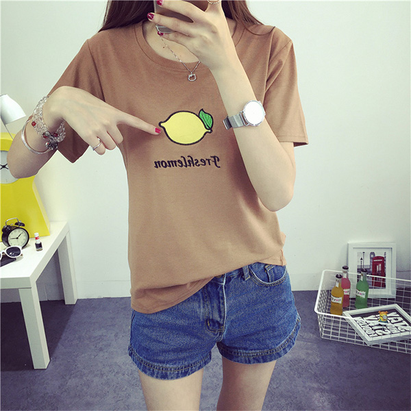 [包邮]夏季新款百搭圆领水果刺绣字母学生短袖T恤女