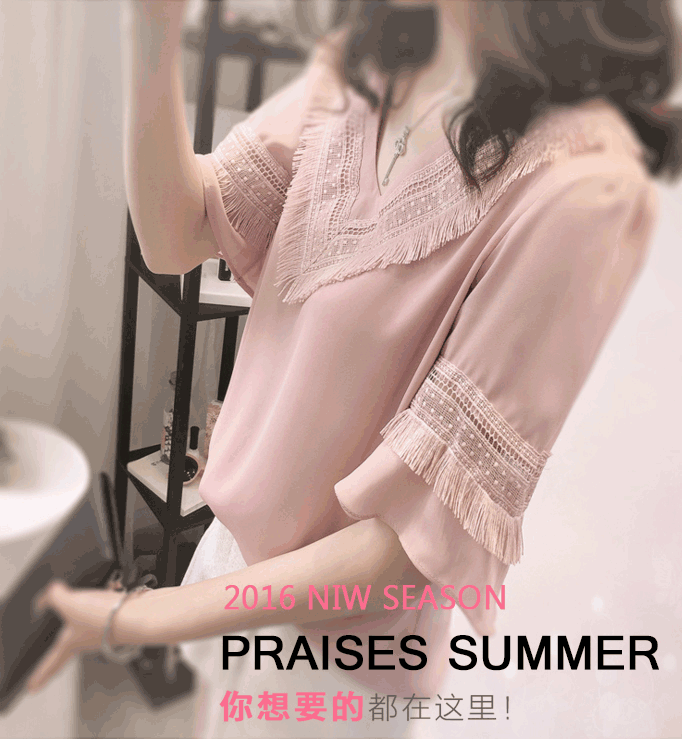 2016夏季韩版新款淑女装可爱甜美百搭宽松喇叭短袖t恤雪纺上衣衫