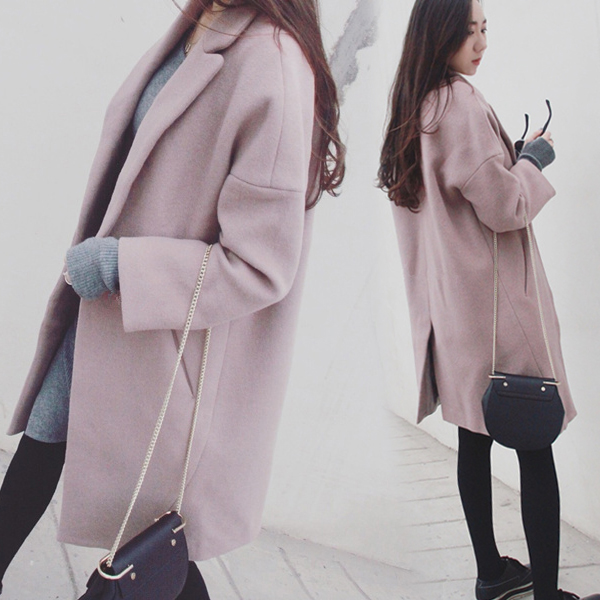 2016秋冬新款韩版呢子大衣修身女士藕粉色及膝羊毛呢外套中长款潮