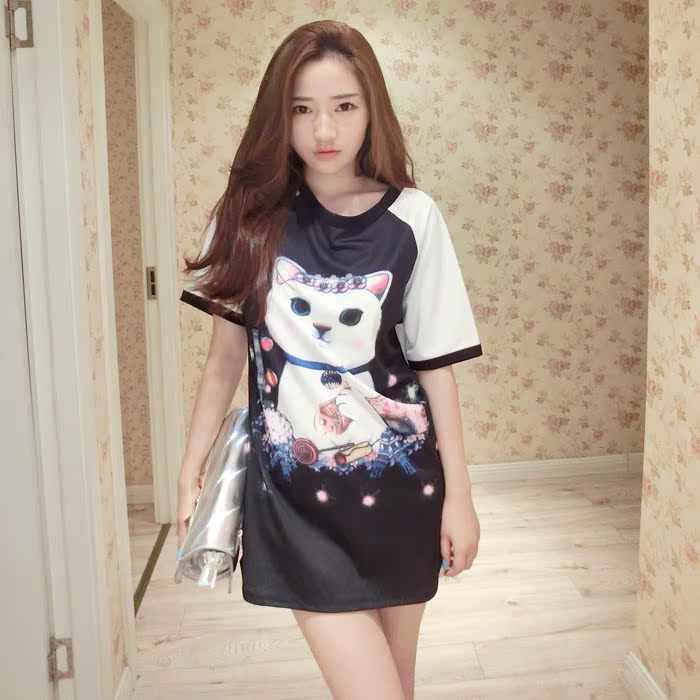 E3YISA2014夏季新款泰国潮牌名媛猫咪插肩拼色短袖棒球长t连衣裙
