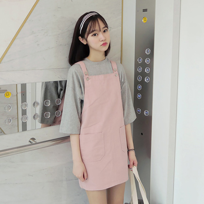 韩版夏季学院风学生纯色T恤+粉色背带裙套装两件套短裙连衣裙女