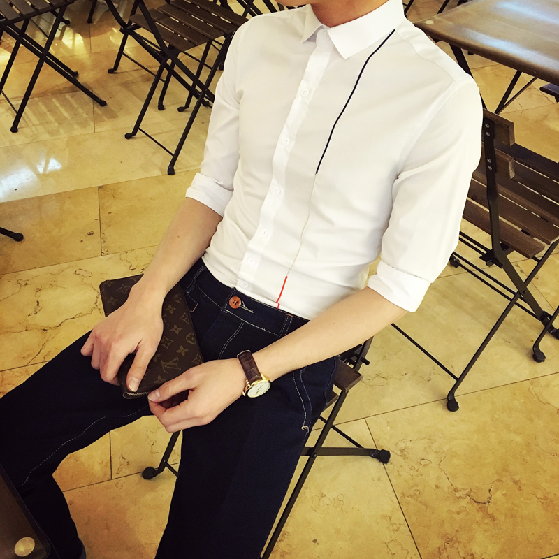 夏季男士衬衫韩版青年潮七分袖男短袖修身纯色长袖秋季男衬衣寸衫