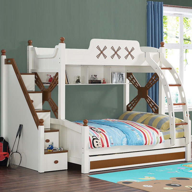 地中海高低床组合 实木儿童上下子母床拖床 多功能双层床美式家具