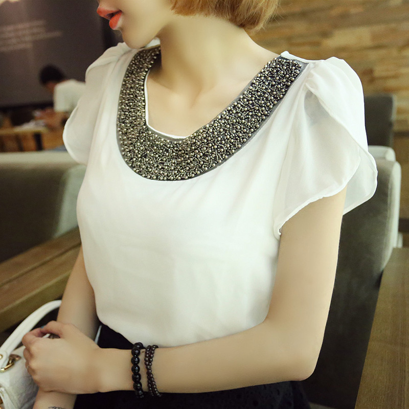 2016夏季韩版女装甜美气质白色短袖雪纺衫宽松显瘦钉珠T恤上衣潮