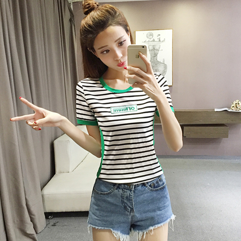 2017夏季新款韩版时尚条纹短袖T恤女修身显瘦百搭体血半袖上衣潮