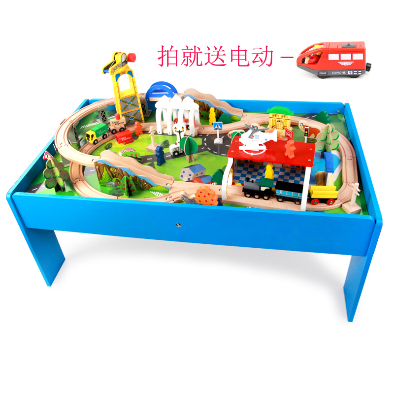 轨道电动小火车套装木质轨道桌子托马斯 小火车头玩具带桌子吊机