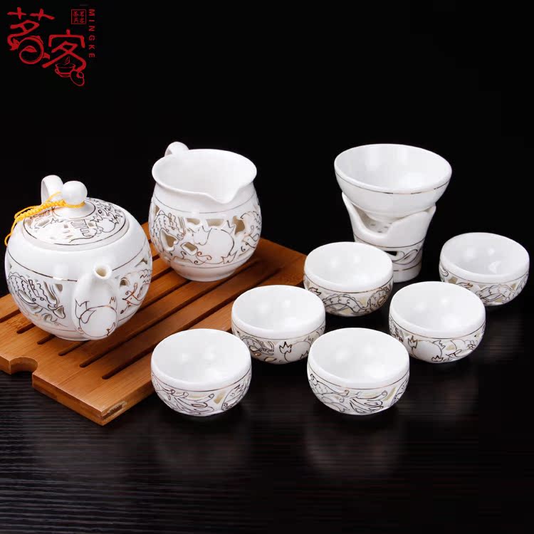 特价茗客功夫茶具套装 整套6人组合手绘玲珑镂空白瓷陶瓷功夫礼盒