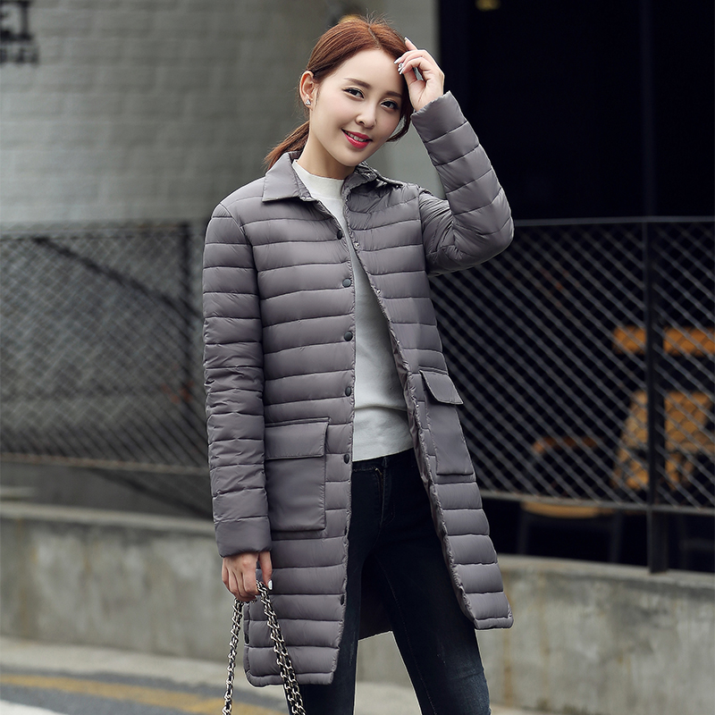 冬装新款韩版简约口袋翻领修身中长款长袖保暖棉衣女外套大衣棉袄