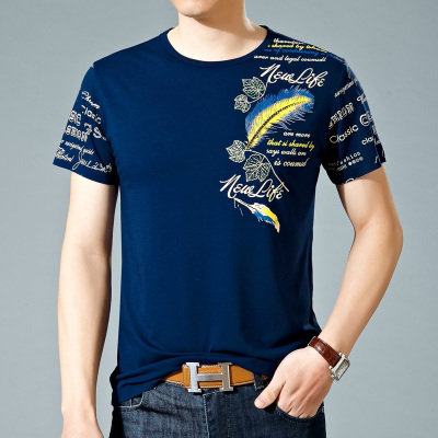 2016新款印花t恤夏装短袖T恤青中年男士圆领时尚休闲大码纯色 潮