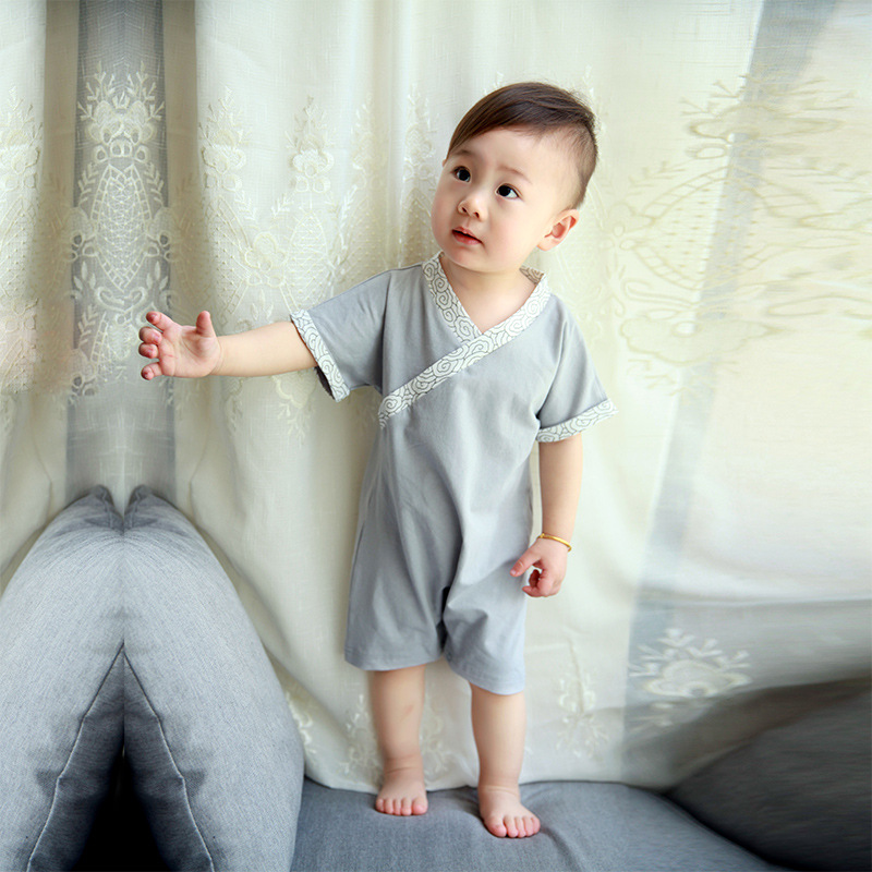 婴儿汉服连体衣夏 短袖男女宝宝周岁礼服纯棉中国风哈衣爬服0-2岁