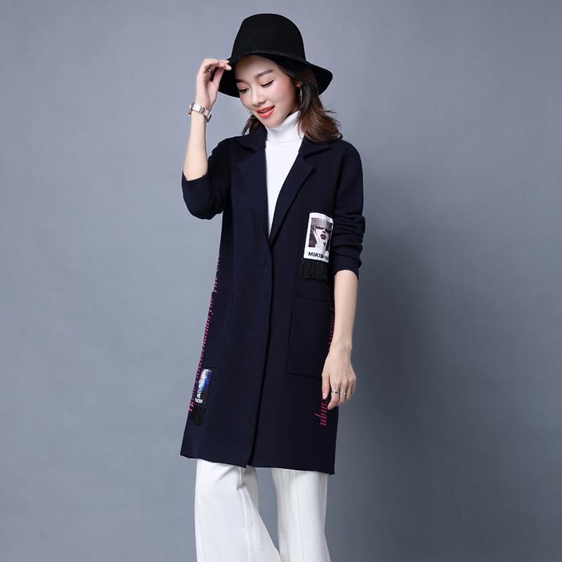 2016秋装新款长袖字母人物印花针织开衫女韩版修身中长款毛衣外套