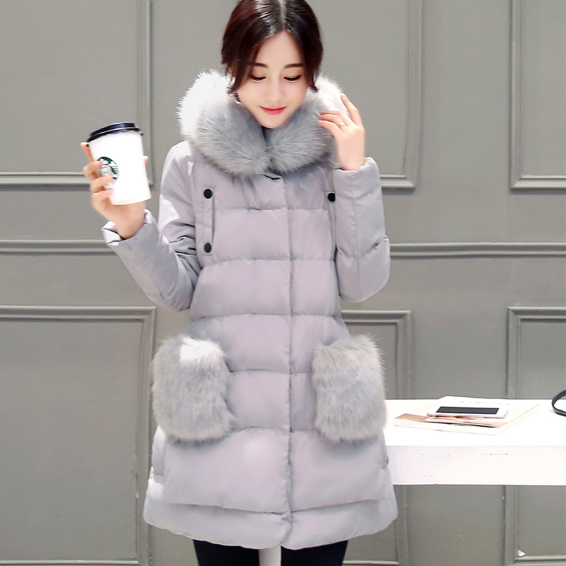 2016冬季新款韩版时尚女装加厚连帽中长款棉衣 毛领保暖棉服外套