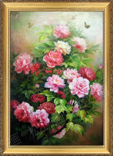 花开富贵牡丹油画纯手绘欧式风景油画客厅卧室玄关装饰画竖版花卉