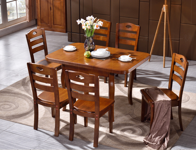实木伸缩餐桌6人拉伸餐桌椅组合4人小户型实木饭桌组合胡桃色餐桌