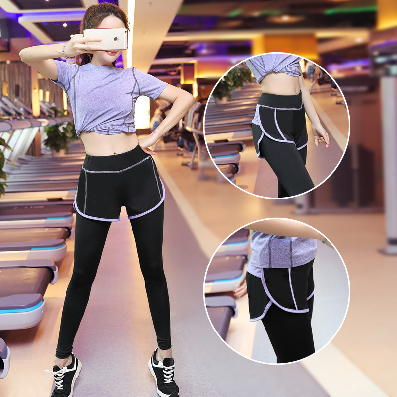 韩国同款运动速干健身裤假两件瑜伽裤显瘦紧身裤跑步瑜伽服长裤女