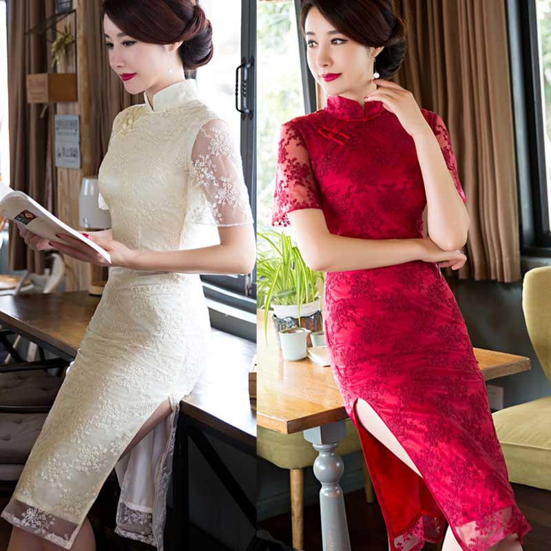中式改良旗袍连衣裙修身显瘦立领文艺复古风日常纯白蕾丝长裙女