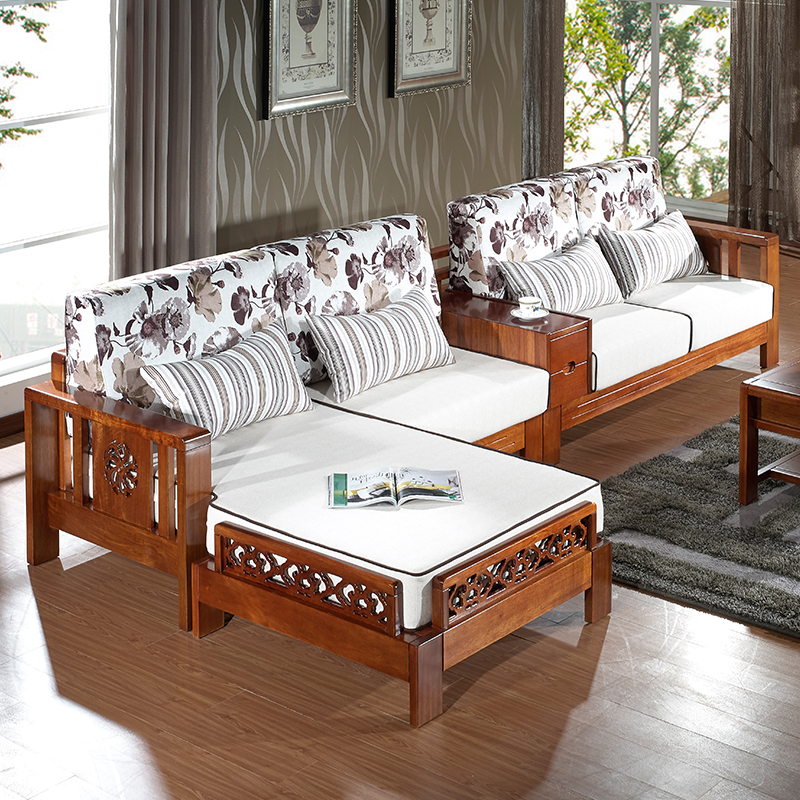 纯胡桃木全实木沙发组合转角贵妃L型 客厅家具 框架布艺沙发