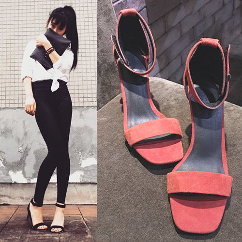细跟凉鞋女鞋露趾一字带黑色红色8cm高跟鞋简约性感韩版女时尚潮