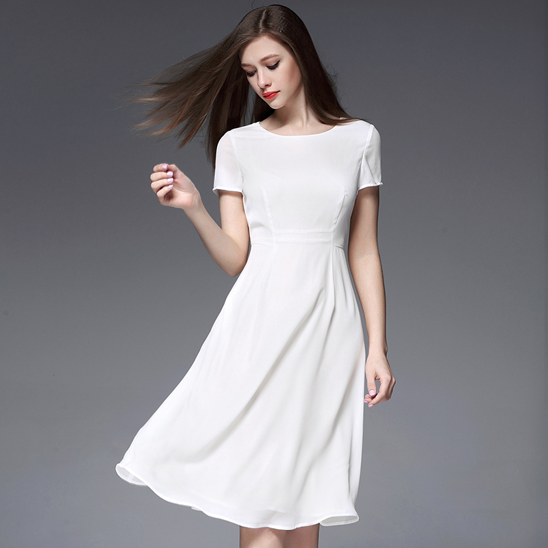 寒珞2016夏季新款气质通勤修身显瘦纯色白色连衣裙中长款大摆裙子