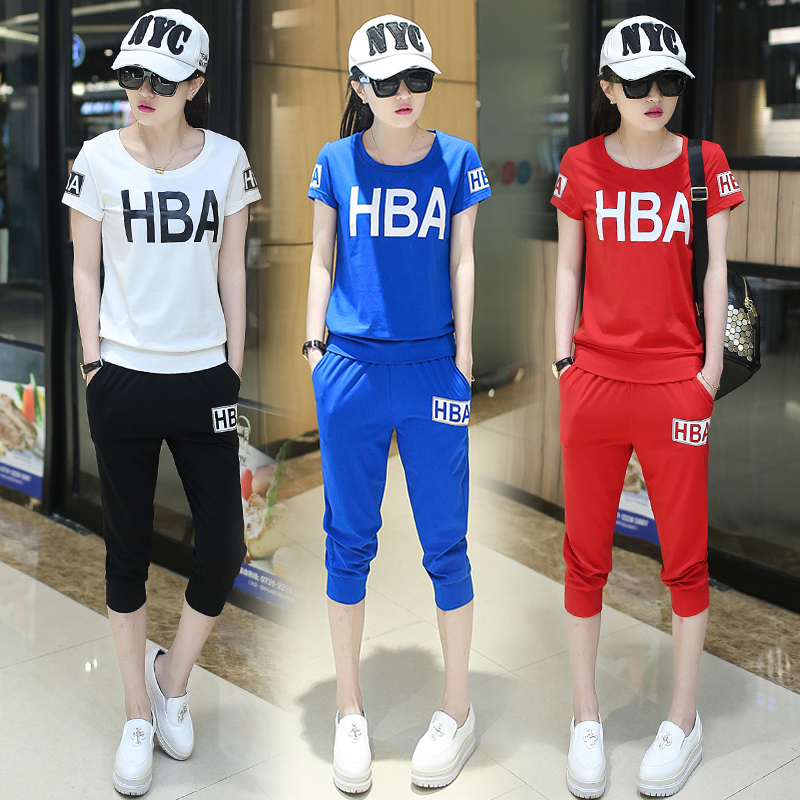 2016秋夏季新款时尚休闲时髦套装女韩版短袖七分裤修身跑步运动服