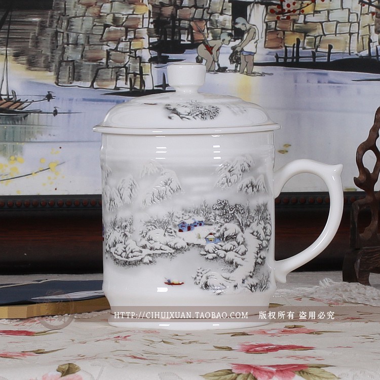 景德镇正品陶瓷杯 大茶杯 带盖骨瓷 青花瓷器水杯 会议杯办公杯子