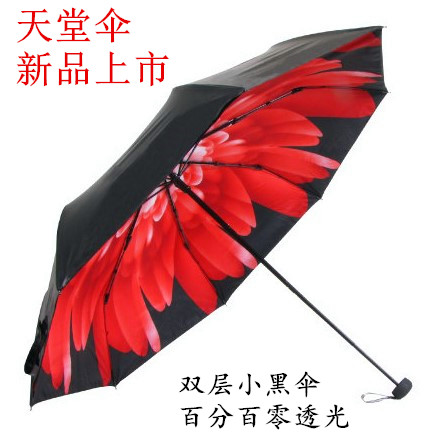天堂伞 （UPF50+）双层全遮光碰击黑胶印花三折太阳伞晴雨伞31820