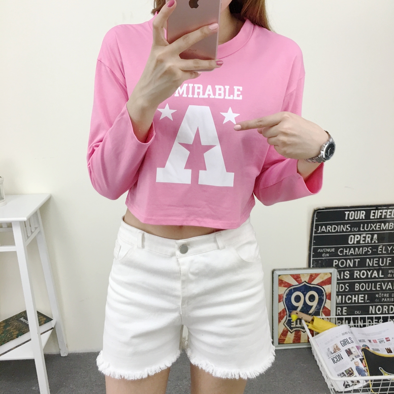 602#2016韩版新款夏季字母印花短款长袖T恤直筒上衣女