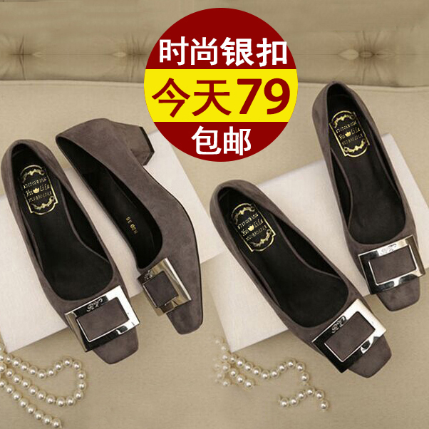 韩版春季新款方扣方头粗跟单鞋中跟浅口黑色工作鞋大码女鞋41-43